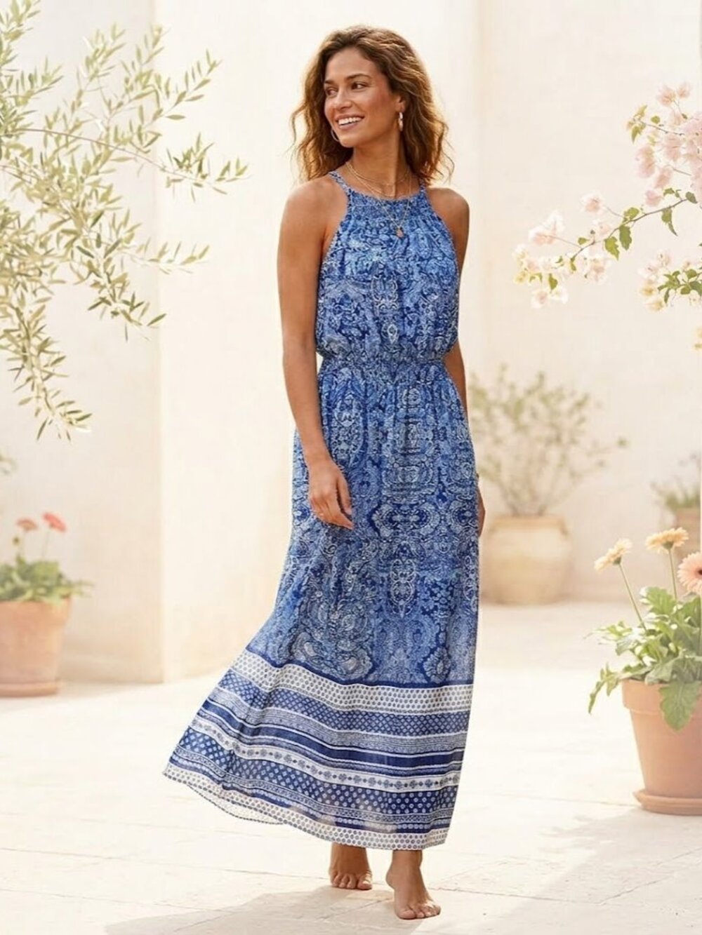 Luxology Paisley Print Smocked Waist Sleeveless Maxi Dress Medium